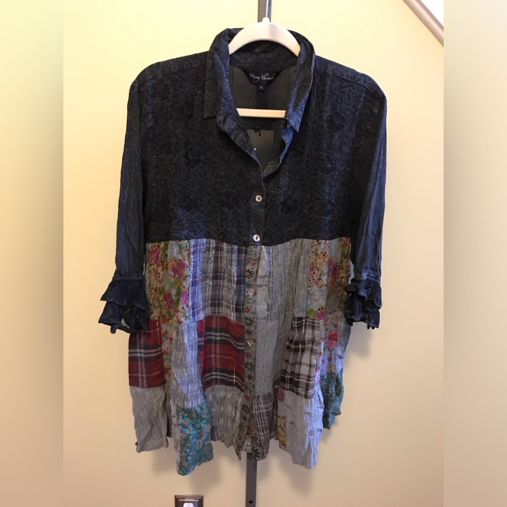 YOUNG THREADS NWT Dress Black Gauze Embroidered Plaid Size Small